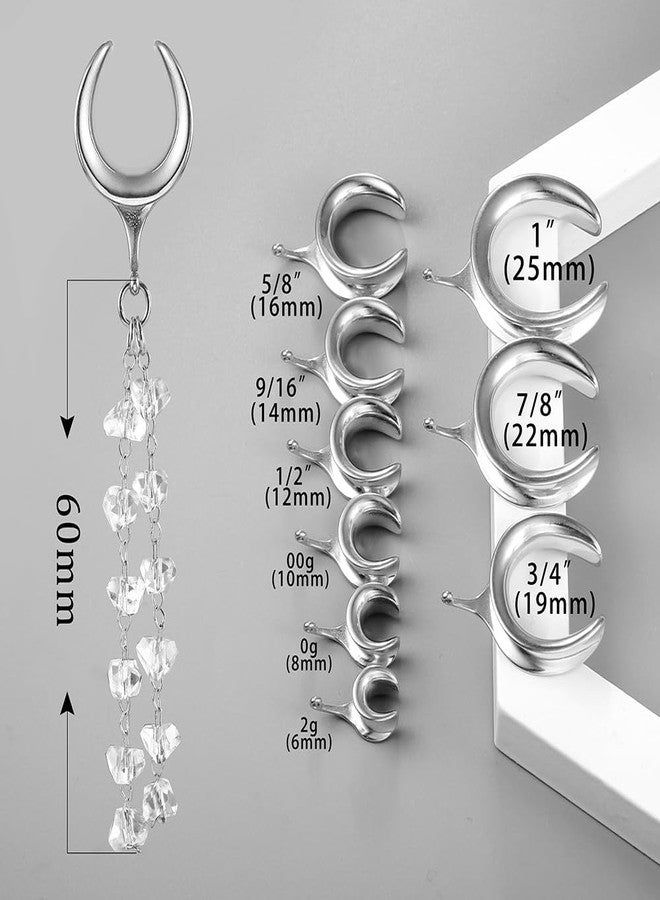 Earblity 1 Pair saddle gauges crystals chain Dangle earrings 9/16'' (14mm) Ear Tunnels Plugs 316 Stainless Steel Silver Ear Weight Plugs Hypoallergenic expander Piercing Body Jewelry - Image 3